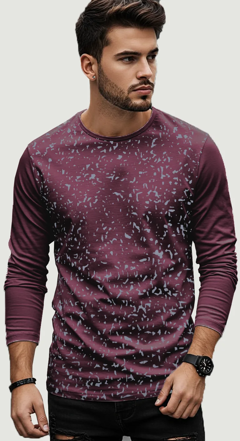 Men's Stylish Burgundy Long-Sleeve Patterned Tee